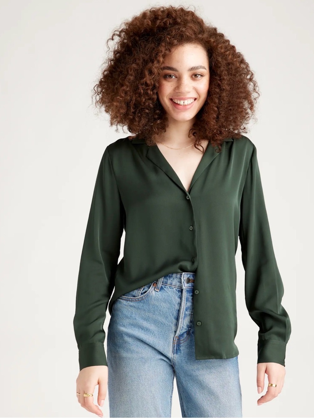 Quince Forest Green Washable Stretch Silk Notch Collar Blouse
